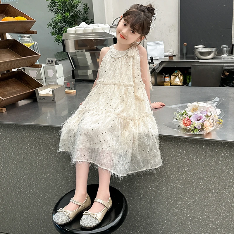 女童吊带连衣裙夏装2024新款儿童挂脖亮片裙子夏季女孩洋气蛋糕裙