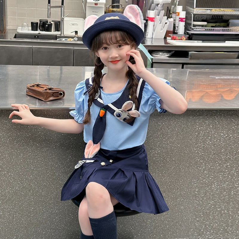 女童短袖套装夏季女孩朱迪兔子警官学院风JK制服儿童洋气两件套潮