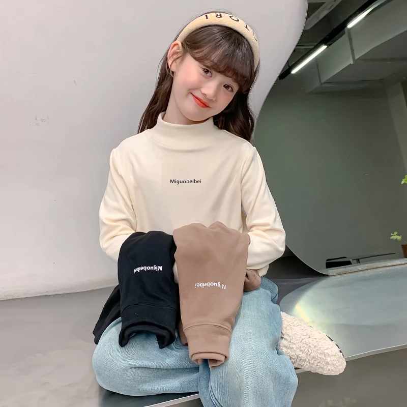 女童德绒打底衫儿童装秋冬季2025新款内搭加厚半高领T恤加绒上衣