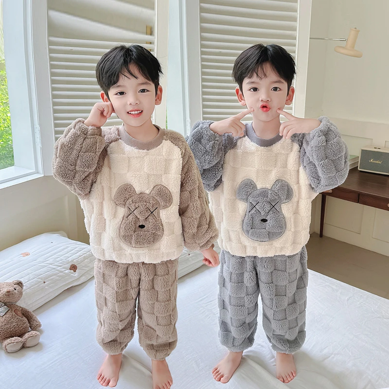 男童秋冬法兰绒睡衣加绒保暖套装男孩冬季加厚防着凉珊瑚绒家居服