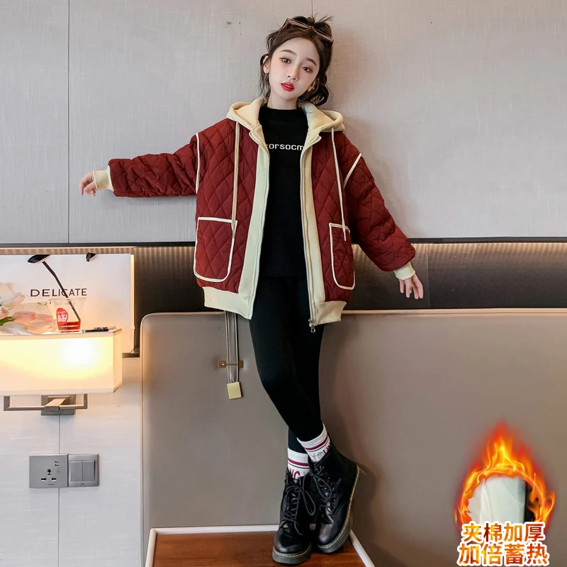 女童加绒外套2023新款儿童洋气秋冬款加厚连帽卫衣中大童冬装棉衣
