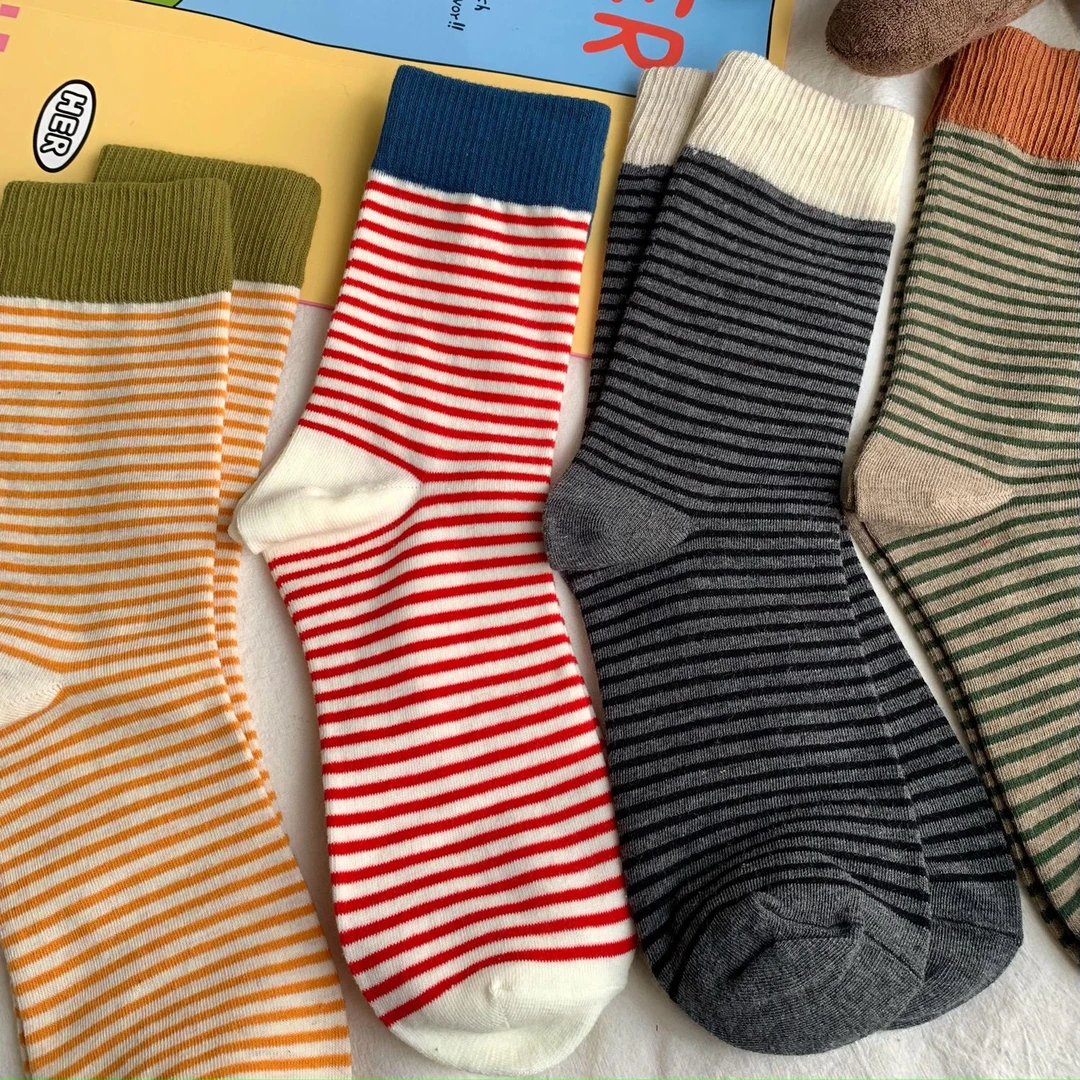 美拉德ins东大门撞色罗口条纹袜秋冬季堆堆袜休闲中筒袜女生袜子