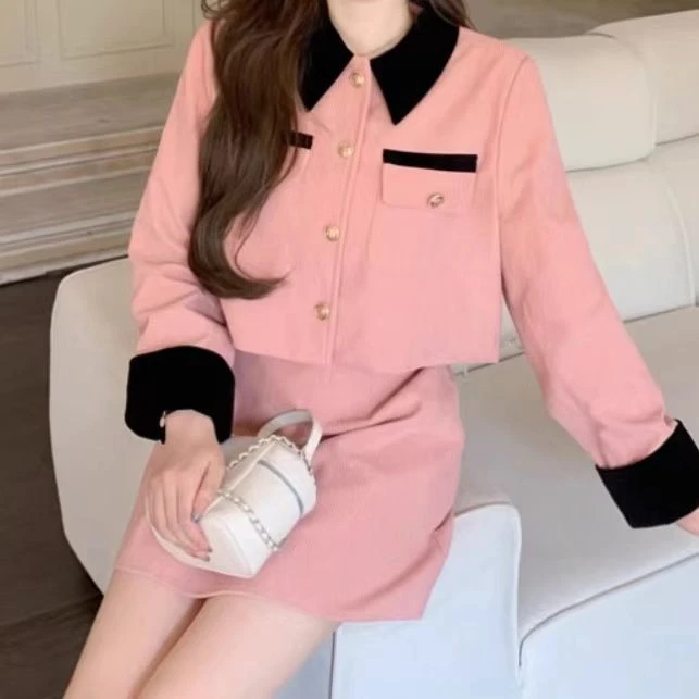 【甜美代表】 秋冬新款气质小香风外套+短半身裙灯芯绒套名媛套装