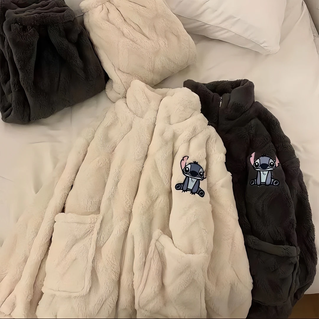 史迪仔卡通拉链睡衣男女秋冬季保暖加绒加厚情侣两件套纯色家居服