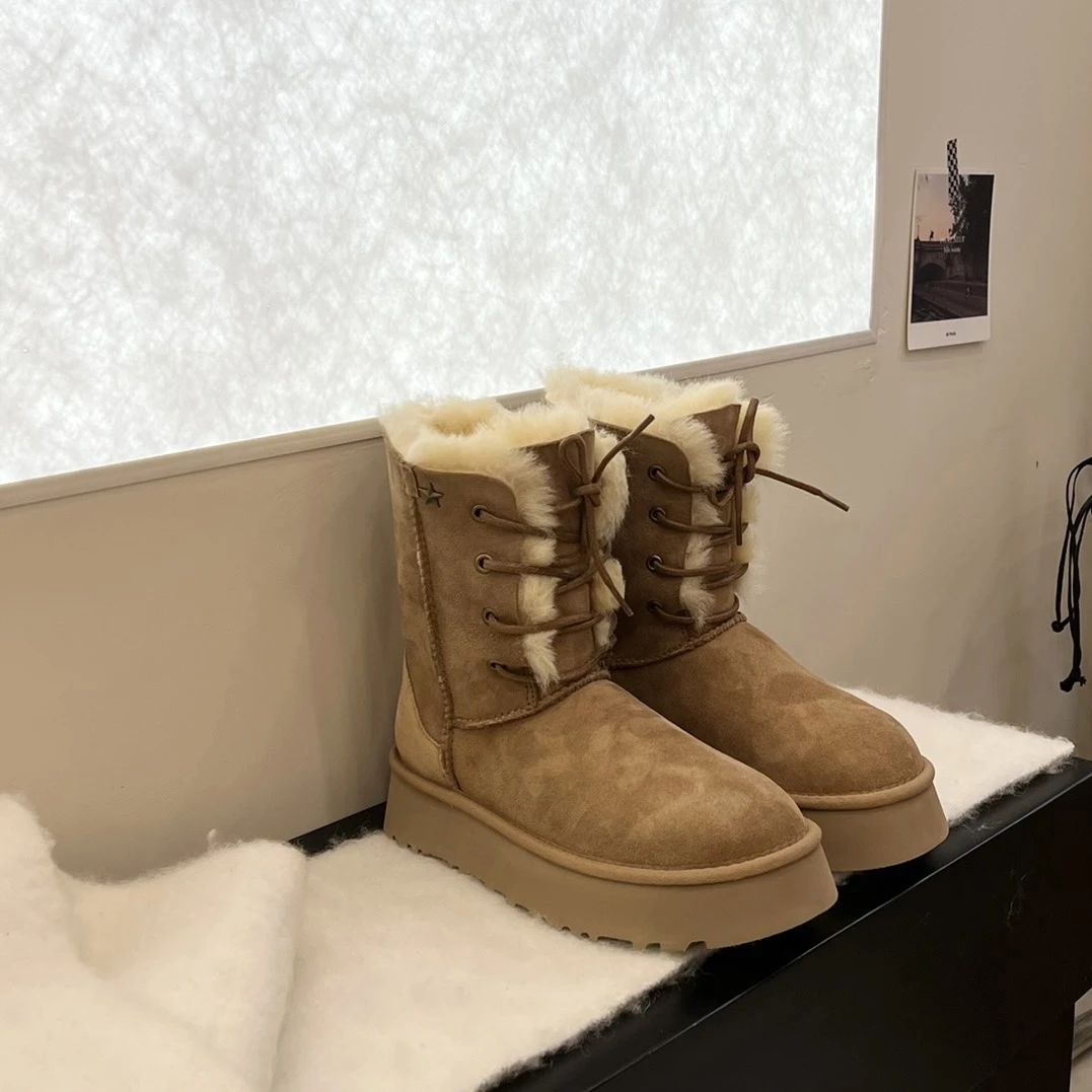 【厚底女神】女神绑带1011696皮毛一体中筒厚底女神冬季雪地靴