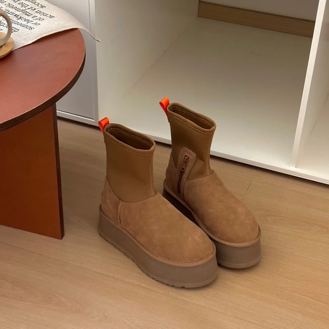 【厚底铅笔弹力靴】新款铅笔皮毛一体女士厚底雪地靴时尚百搭