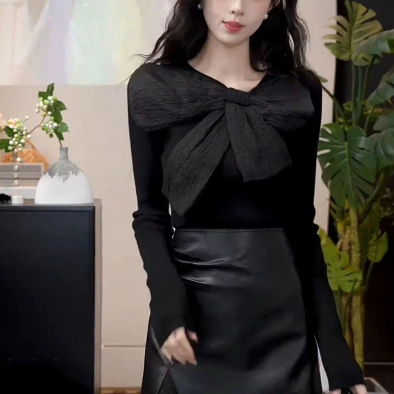法式大蝴蝶结设计时尚新复古百搭上衣修身气质显瘦黑色打底针织衫
