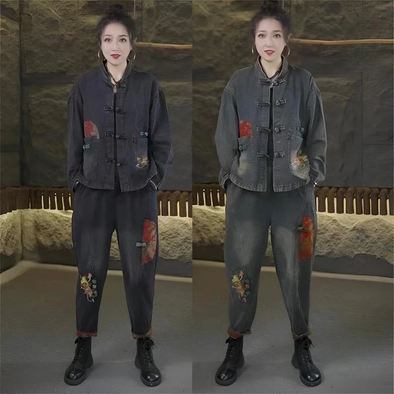 新中式中国风秋装新款长袖牛仔套装宽松上衣复古盘扣绣花外套立领