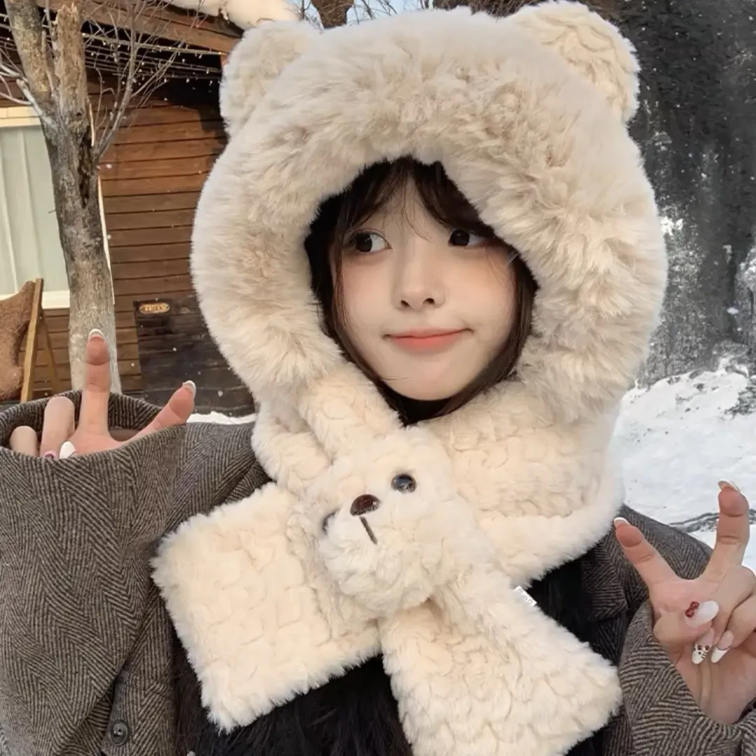 小熊耳朵帽子围巾一体女冬季保暖百搭防风加绒加厚围脖雷锋帽xj