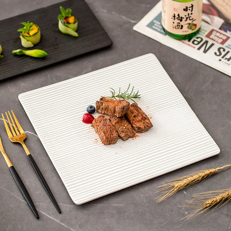 磨砂四方牛排盘陶瓷抗划痕牛扒盘商用西餐盘欧式创意轻奢方盘餐具