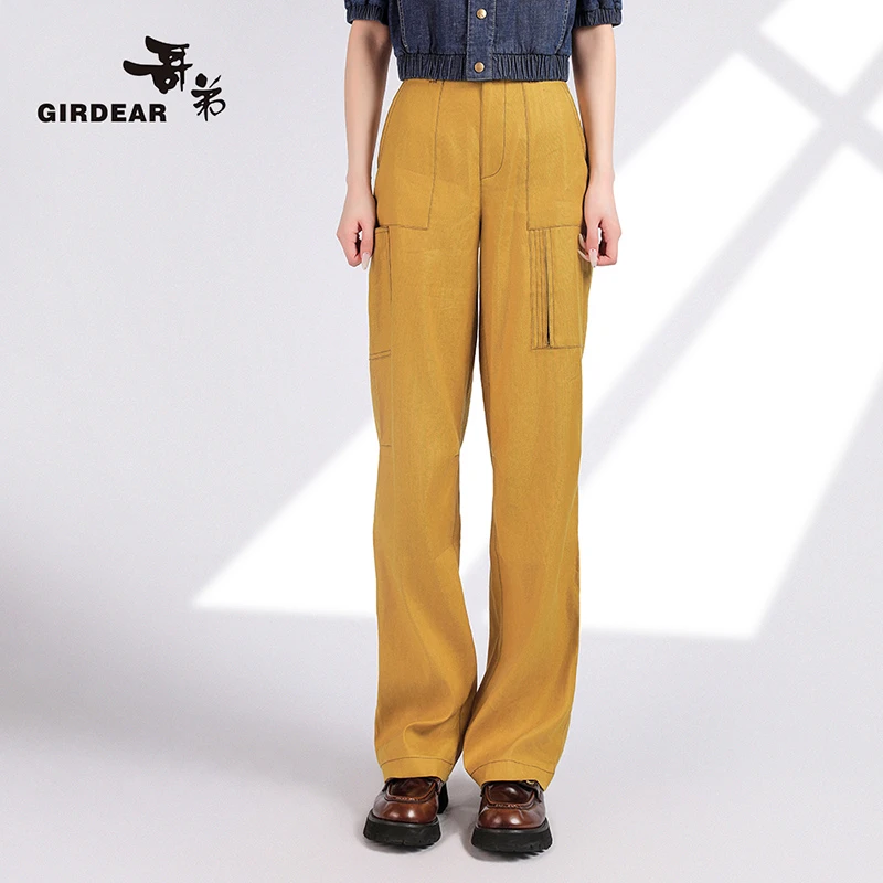 GIRDEAR/哥弟新款显瘦宽松百搭中腰亚麻休闲透气工装裤女1100453