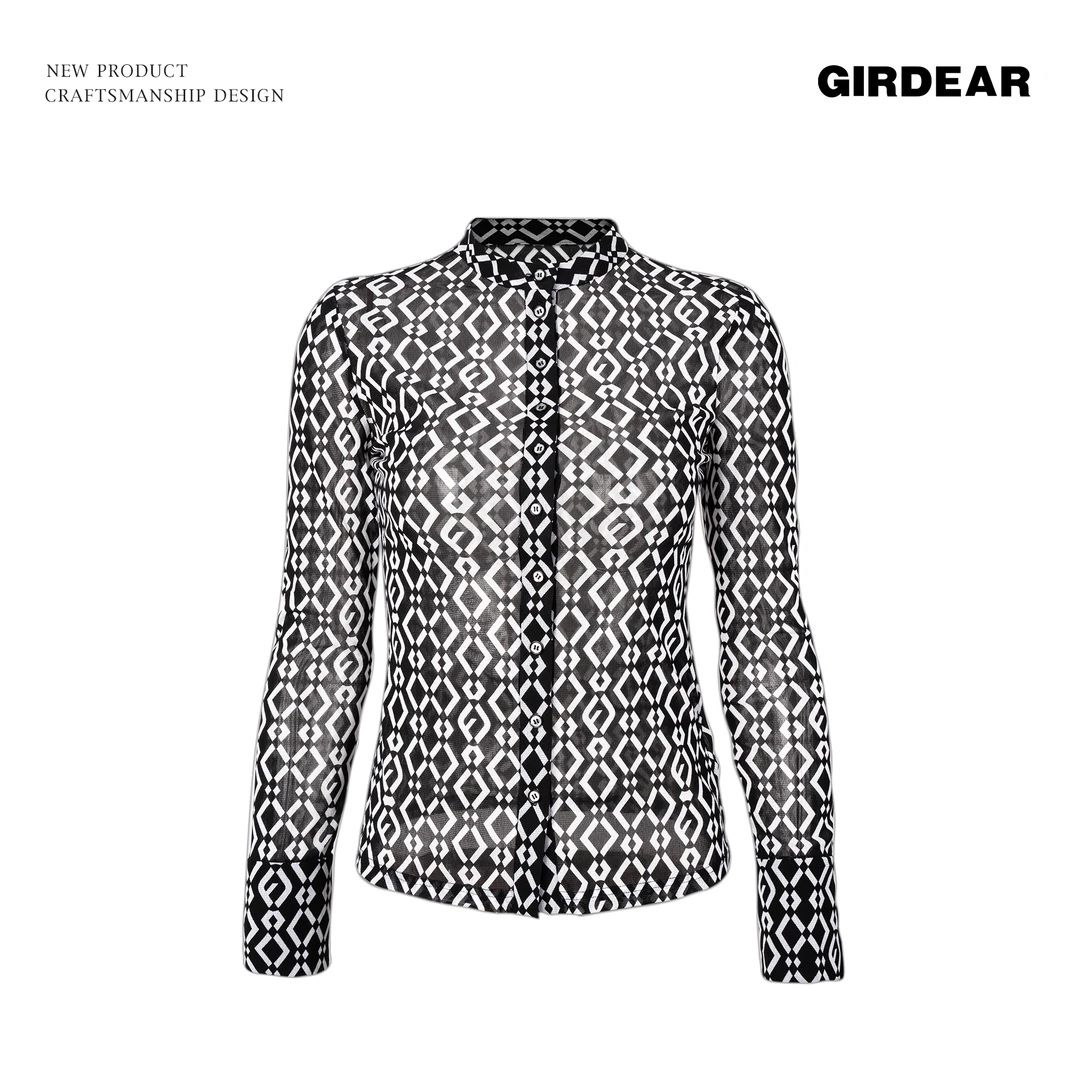 GIRDEAR/哥弟弹力欧纱修身黑白针织衬衣打底气质轻奢蕾丝1300117