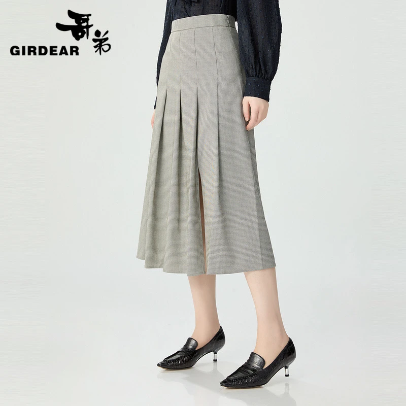 GIRDEAR/哥弟2024早秋高腰气质百褶侧开叉中长款半身裙1200325