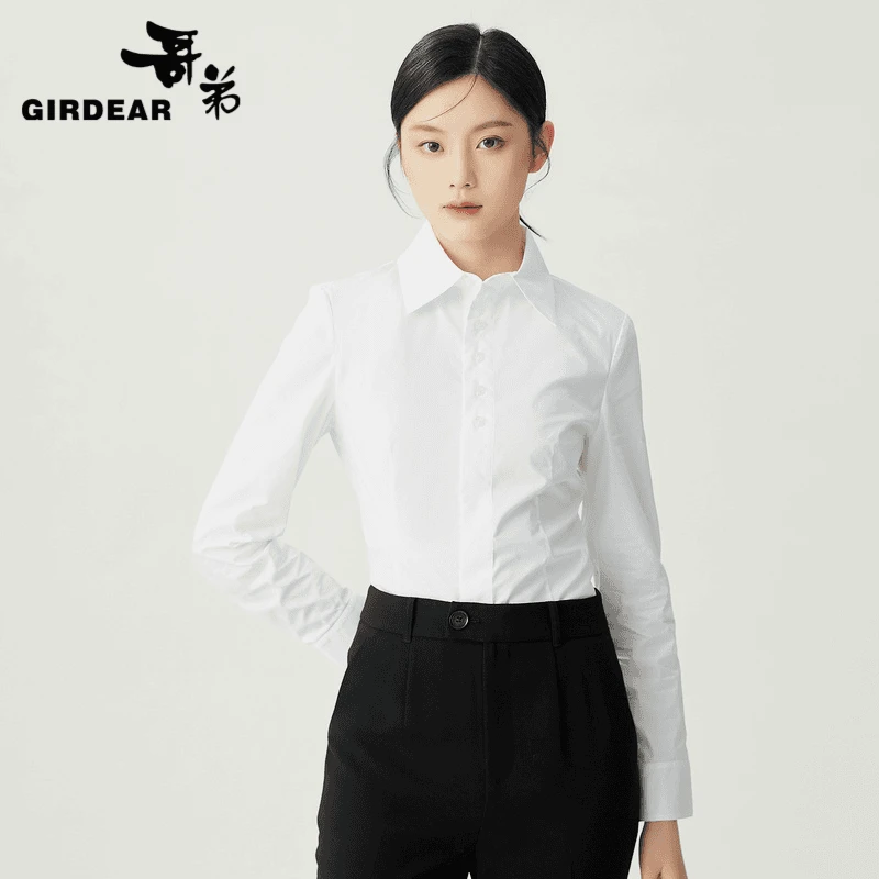 GIRDEAR/哥弟百搭长袖通勤衬衫白色简约修身女装气质衬衣1301000