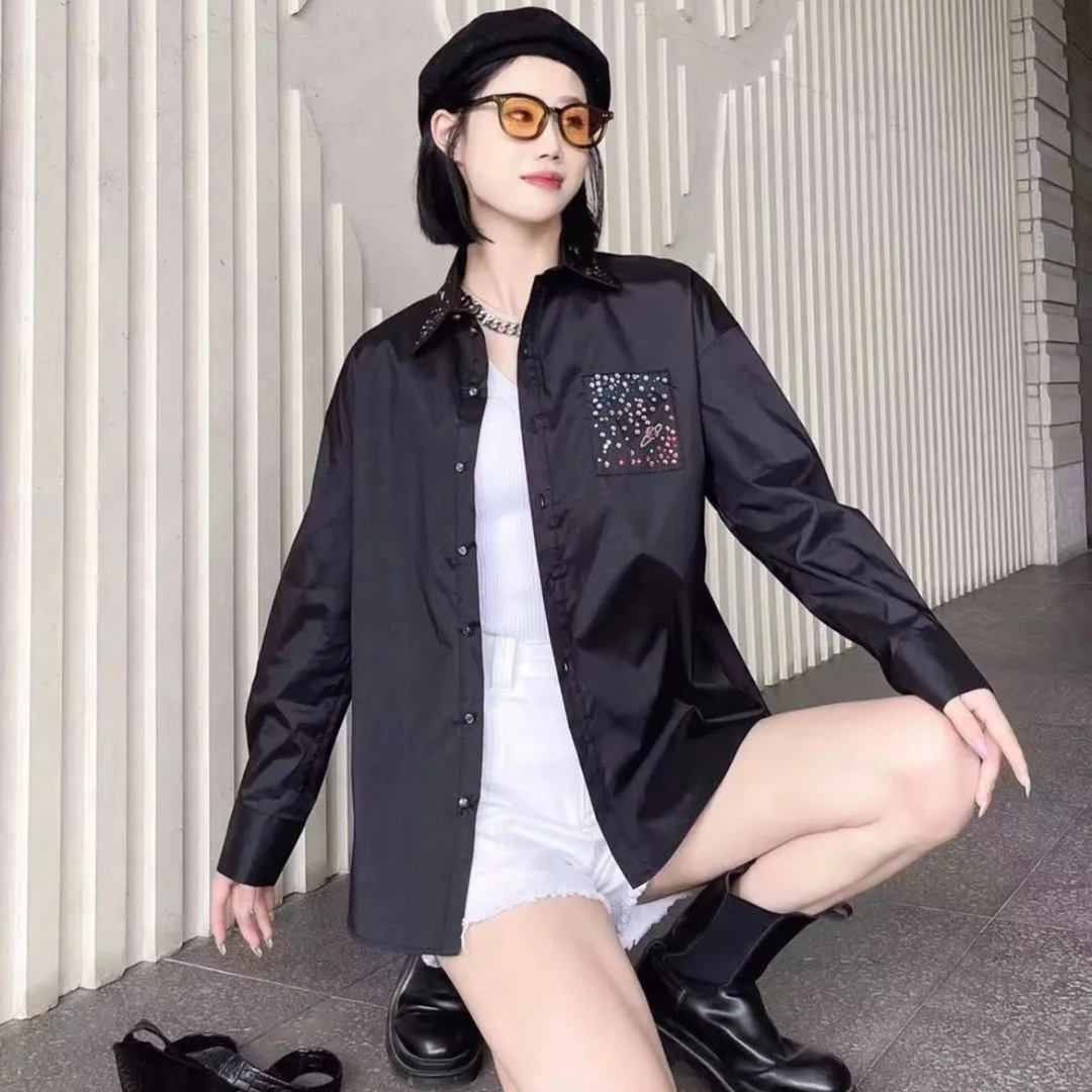 GIRDEAR/哥弟新款时尚彩钻纯色翻领宽松休闲长袖衬衫女士1300868