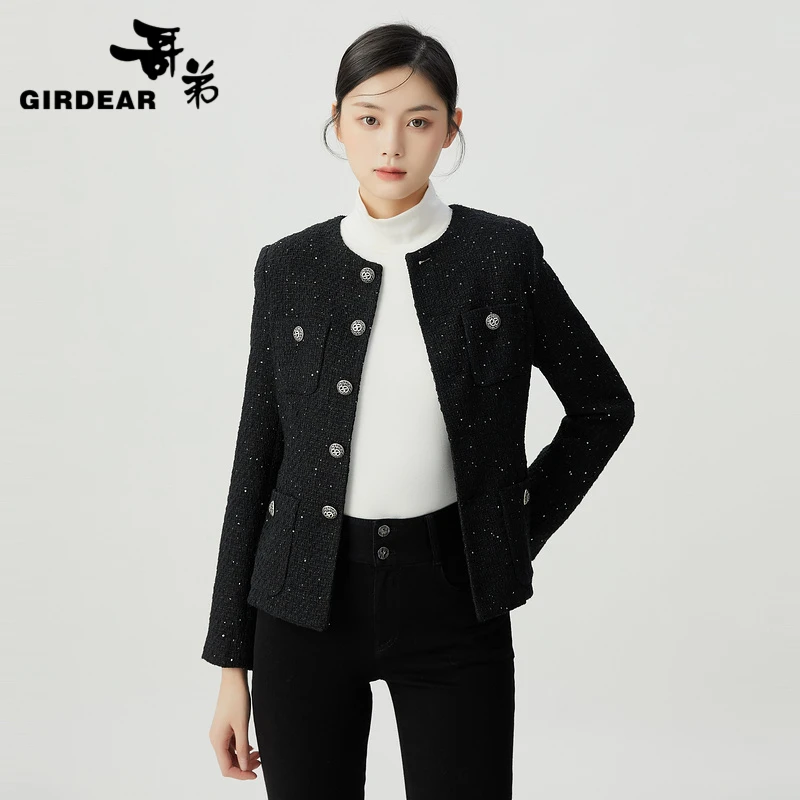 GIRDEAR/哥弟新款女装气质圆领单排扣百搭花呢小香风外套-1400722