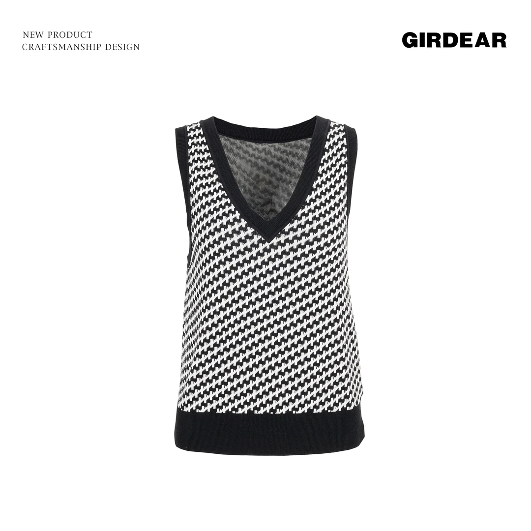 GIRDEAR/哥弟新款气质休闲黑白时尚百搭V领千鸟格针织马甲1399644