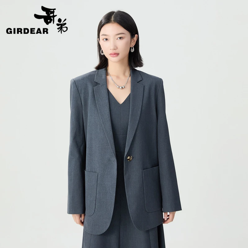 GIRDEAR/哥弟新款女装质感中长百搭显瘦一粒扣西装外套女-1400425