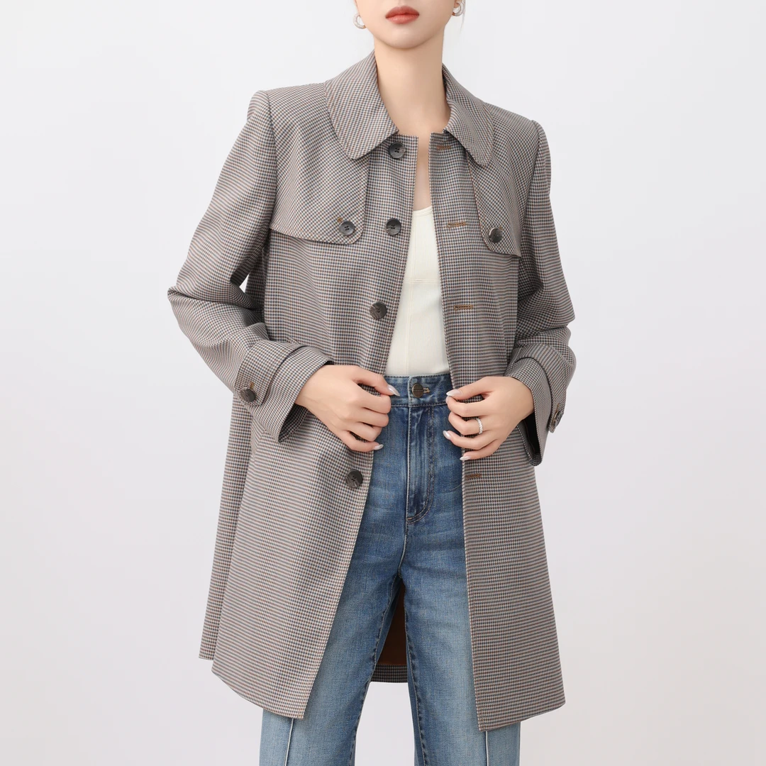 GIRDEAR/哥弟新款气质时尚宽松格子翻领千鸟格格纹风衣女-1400763