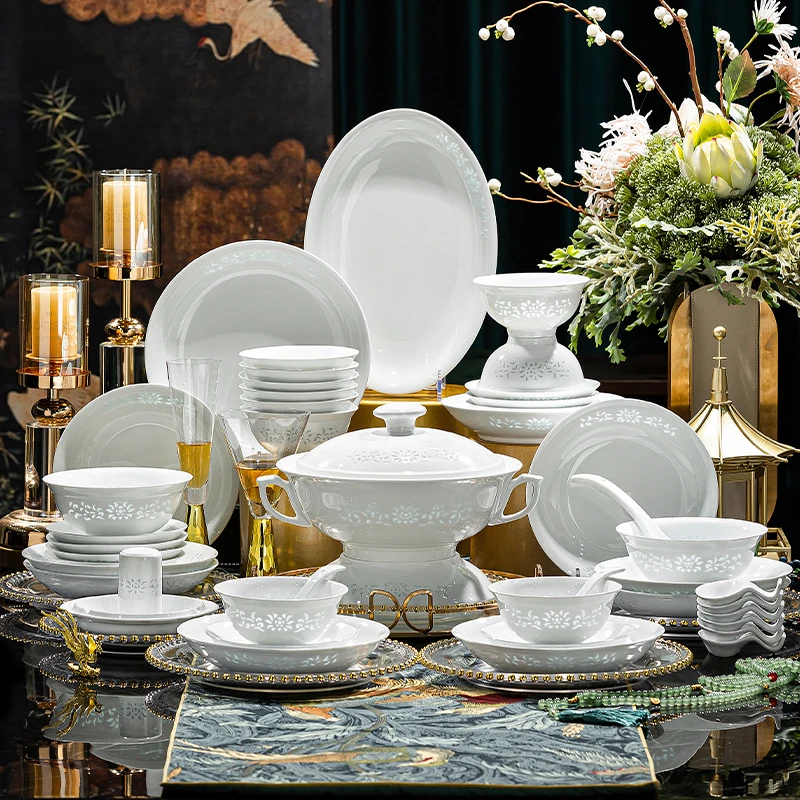 【玲珑白瓷70件】景德镇送礼釉下彩礼盒装碗碟套装轻奢餐具乔迁之喜