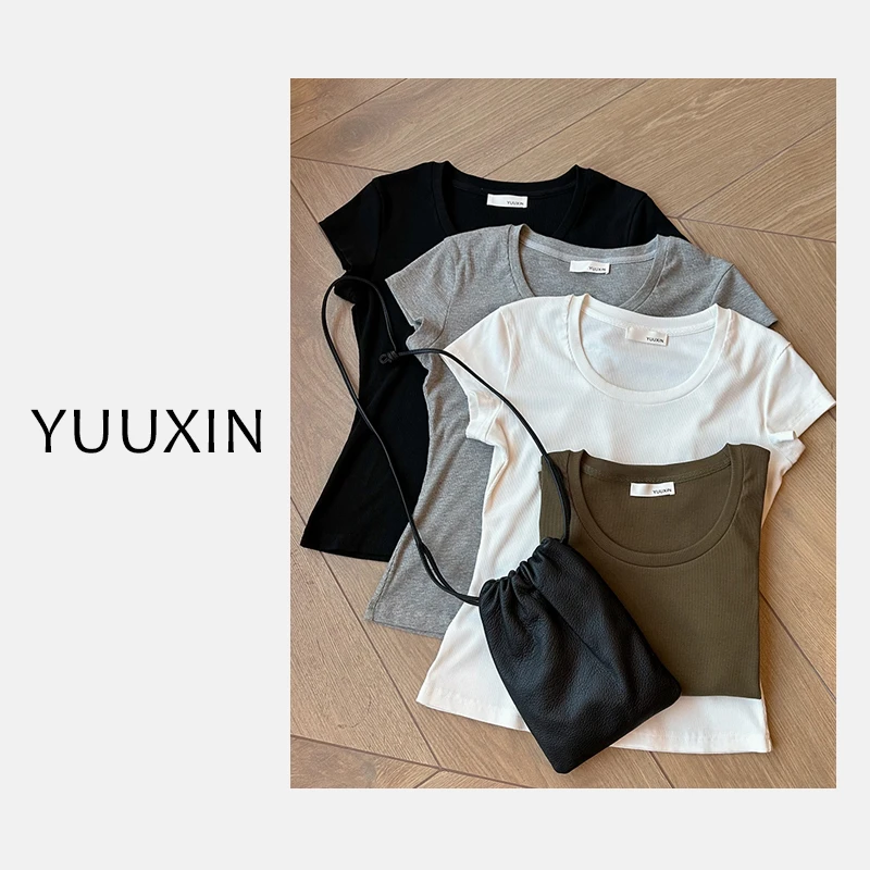 【YUUXIN】人手一件~夏季百搭简约纯色圆领竖条显瘦短袖T恤s