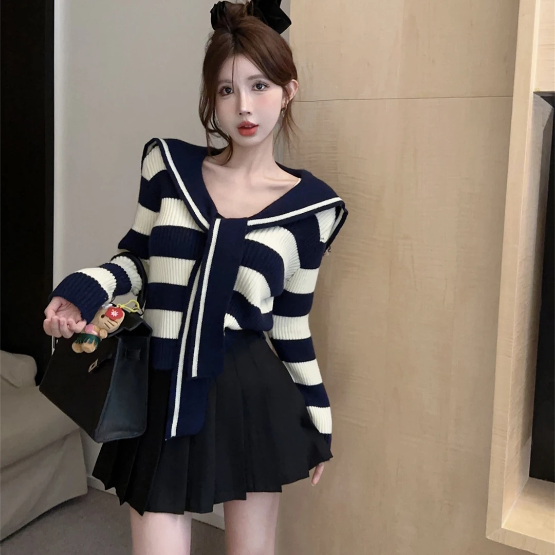 韩版学院海军领条纹套头针织毛衫女高腰百搭百褶裙高级感两件套装