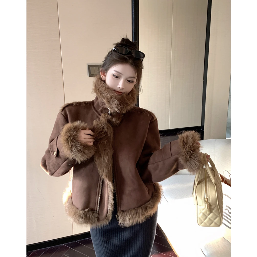 秋冬复古皮毛一体机车服夹克毛毛外套女装上衣毛呢外套2023爆款潮