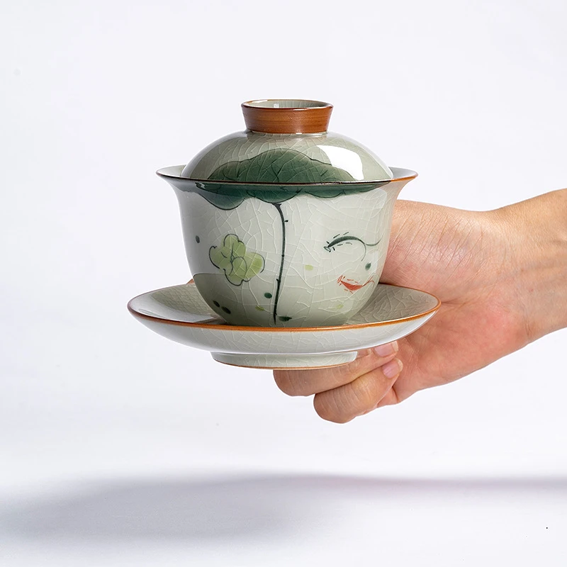 盖碗哥窑冰裂三才盖碗泡茶碗功夫茶具手绘复古家用陶瓷荷花釉下彩