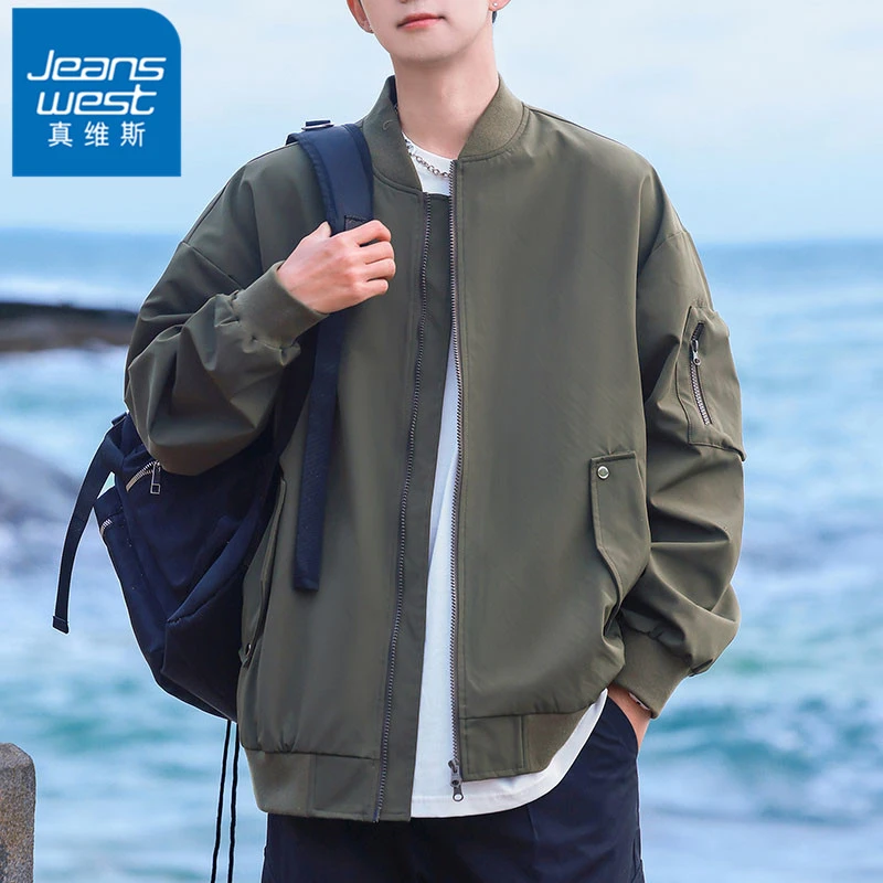 真维斯棒球服外套男士春秋季新款美式防水百搭外衣军绿色工装夹克
