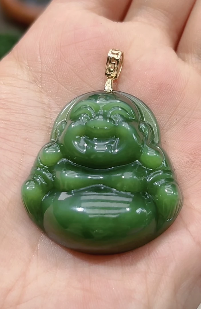 冰猫菠菜绿18k金扣头和田玉碧玉