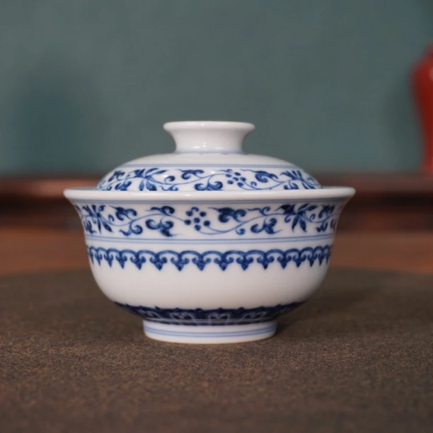 和然珍味 柴窑手工手绘仿明宝相纹元宝盖碗 140ml