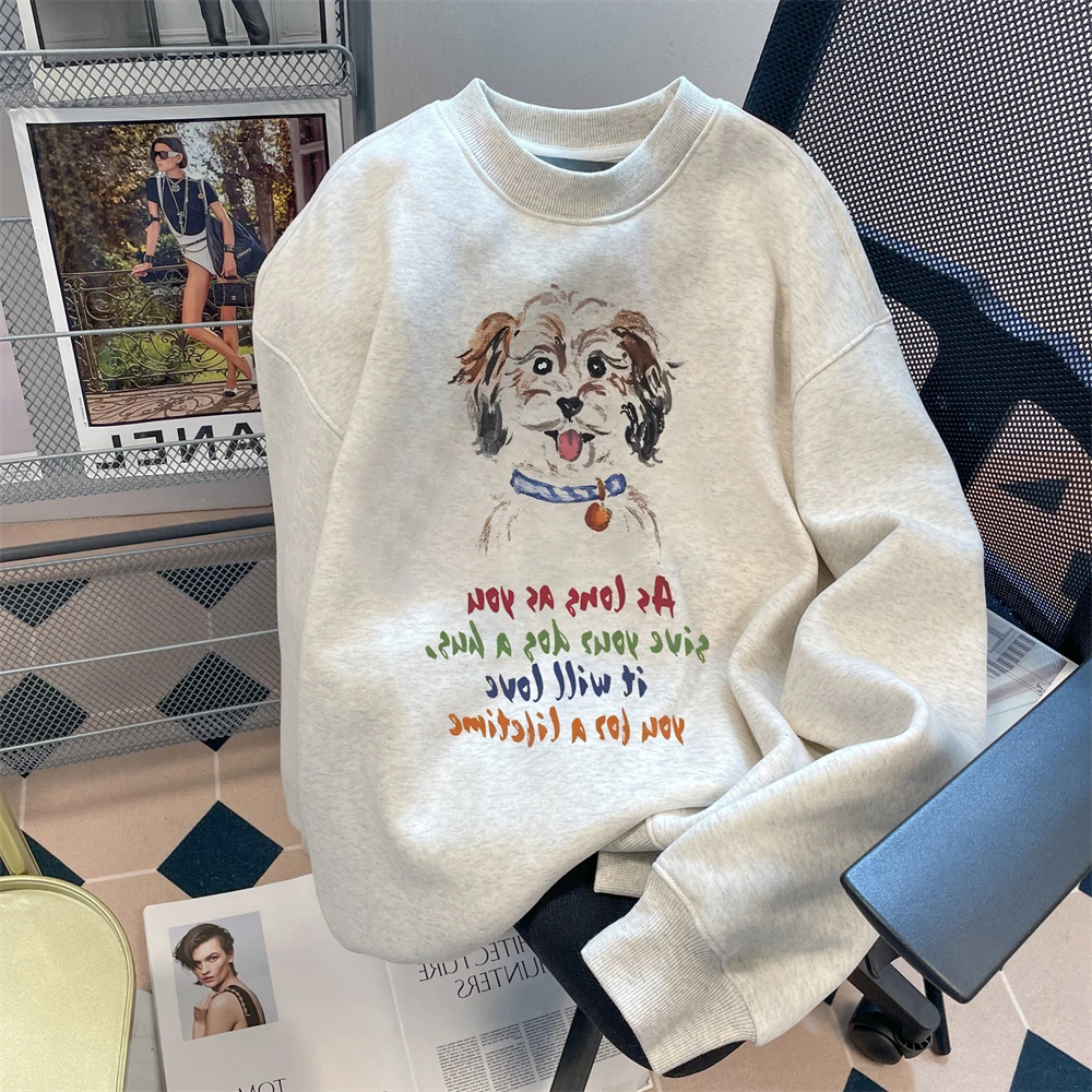 盐系卡通可爱小狗印花长袖卫衣2024秋季日系慵懒风休闲情侣上衣服