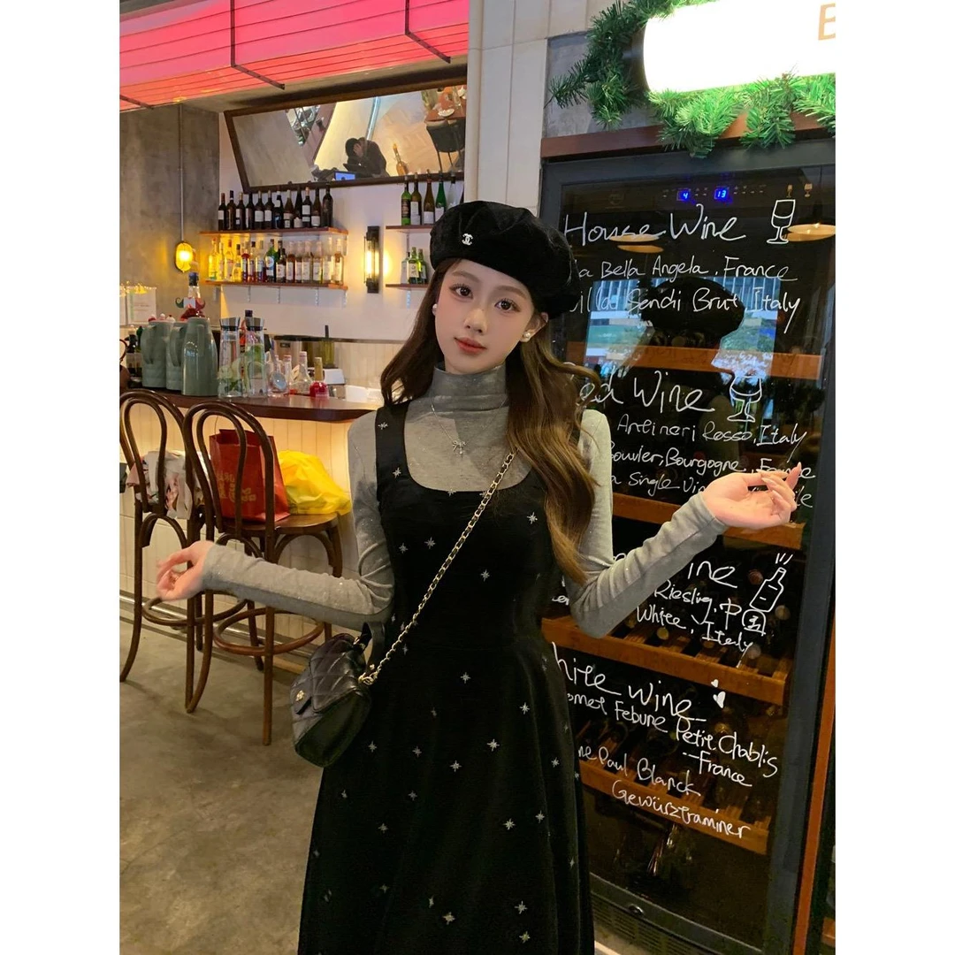 大码女装繁星设计感百搭精致显瘦细闪雪花星丝绒套装裙