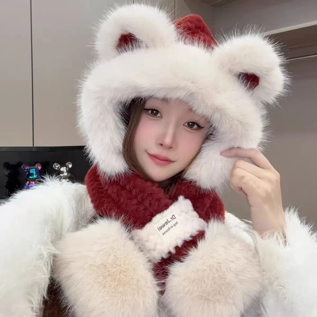 “LSNN!”可爱安哥拉红围巾帽子二合一两件套保暖防寒护耳两件套
