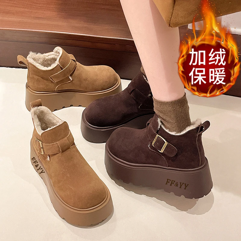 爆款加绒雪地靴女7cm厚底短靴2024年新款冬季小个子增高大棉靴子