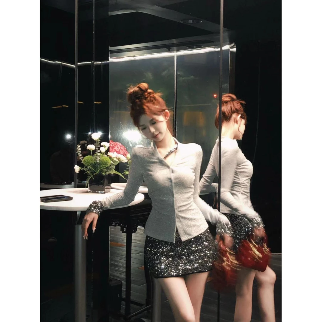 XIAOXIN【闪银玫瑰】新款亮闪开衫修身气质毛针织衫LWJ24A1T495