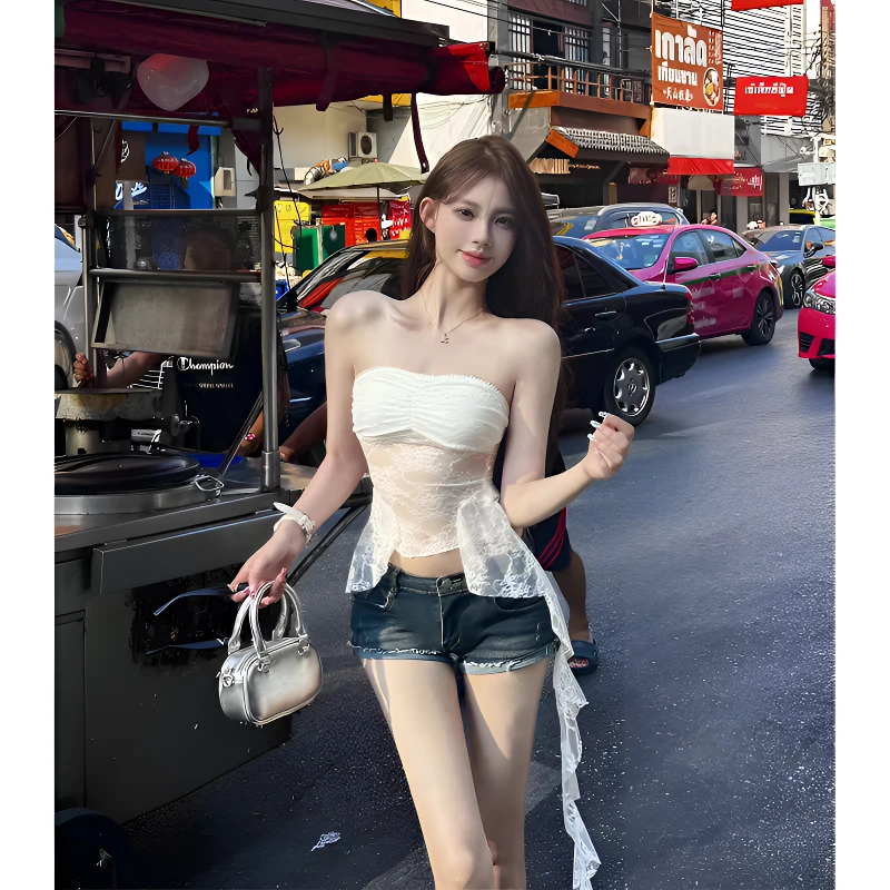 XIAOXIN【抹胸蕾丝】性感纯欲蕾丝拼接抹胸不规则上衣LWJ24B2T945