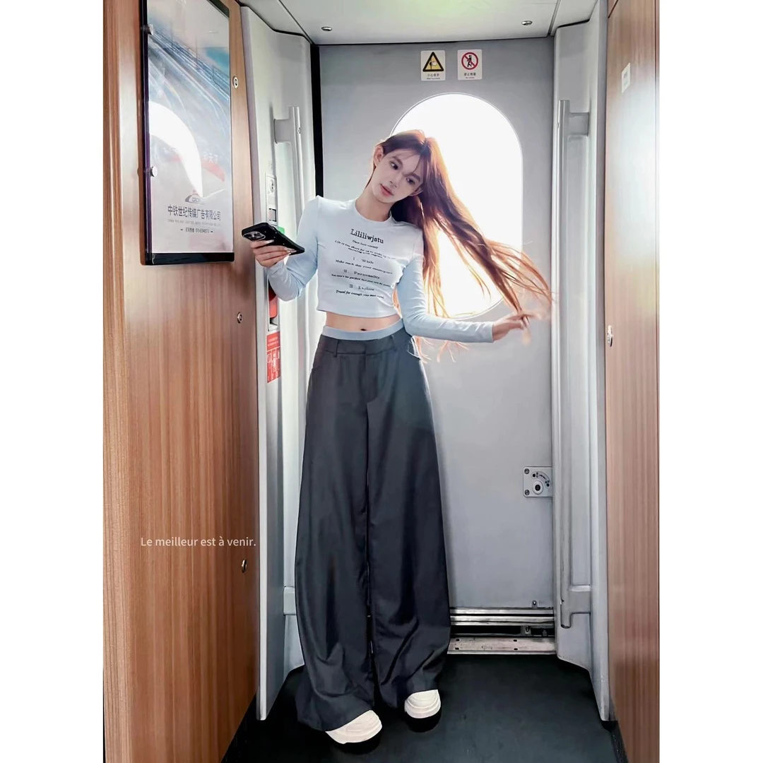 XIAOXIN【陌上清秋】秋季设计撞色拼接腰头高腰阔腿裤LWJ24C3K1604