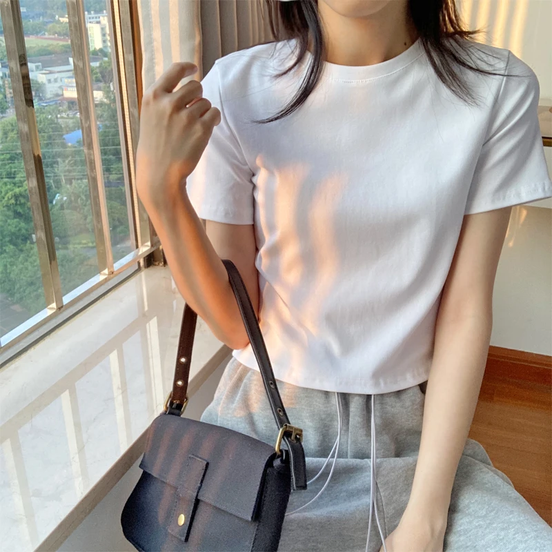 白色显高显瘦春夏时尚短袖t恤女修身短款圆领打底衫百搭高腰上衣