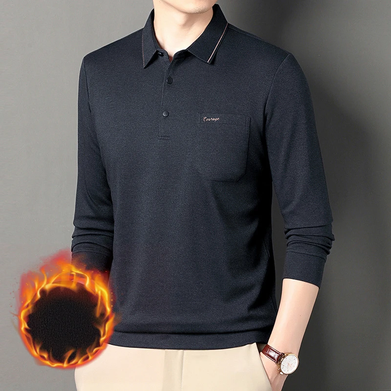 2023冬季新款加绒长袖T恤男款加厚保暖翻领纯色真口袋中老年男装