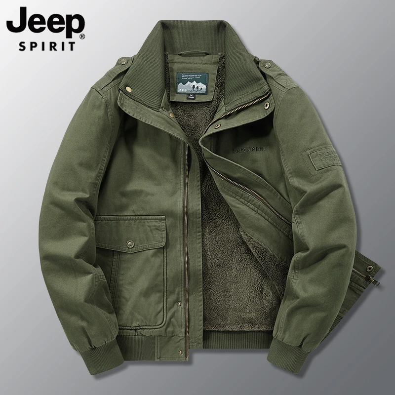 JEEP吉普工装外套男冬季加绒加厚棉服保暖羊羔绒翻领飞行员棉衣冬
