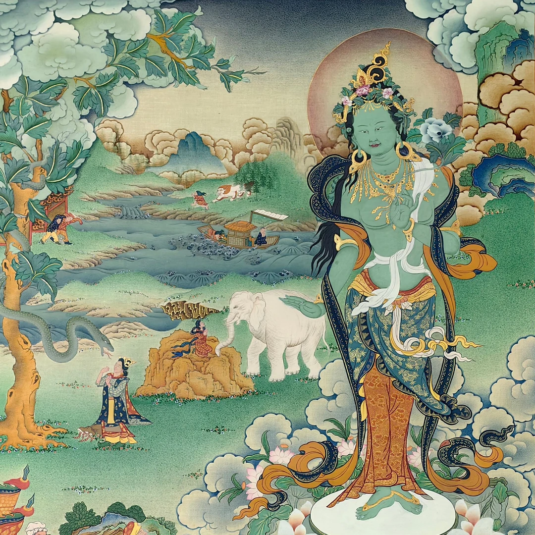 绿度母矿物色手绘唐  非遗唐卡