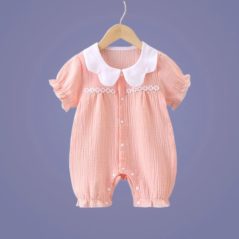 女宝夏装薄款纯棉纱布棉短袖爬服短爬舒适公主洋气新生儿短爬连体