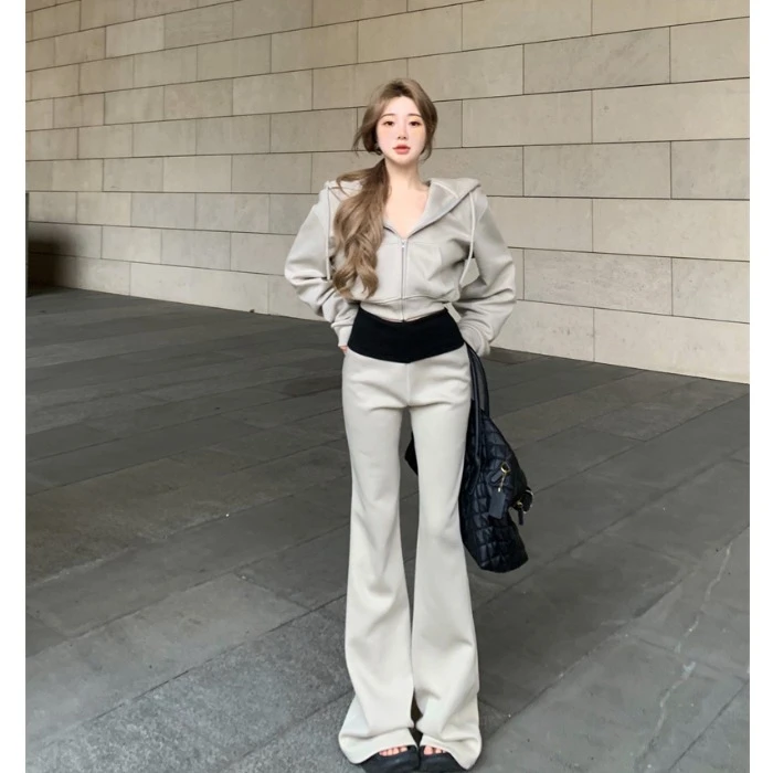 秋冬连帽拉链长袖卫衣外套上衣撞色微喇叭拖地裤子加绒加厚一整套