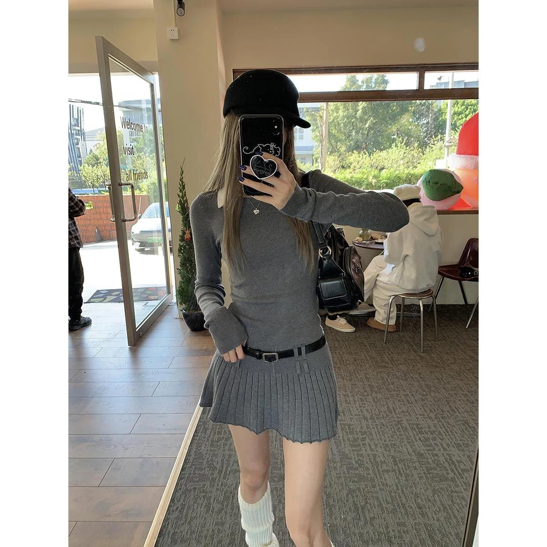 假两件拼接翻领针织连衣裙女秋季长袖短裙气质修身收腰a字百褶裙