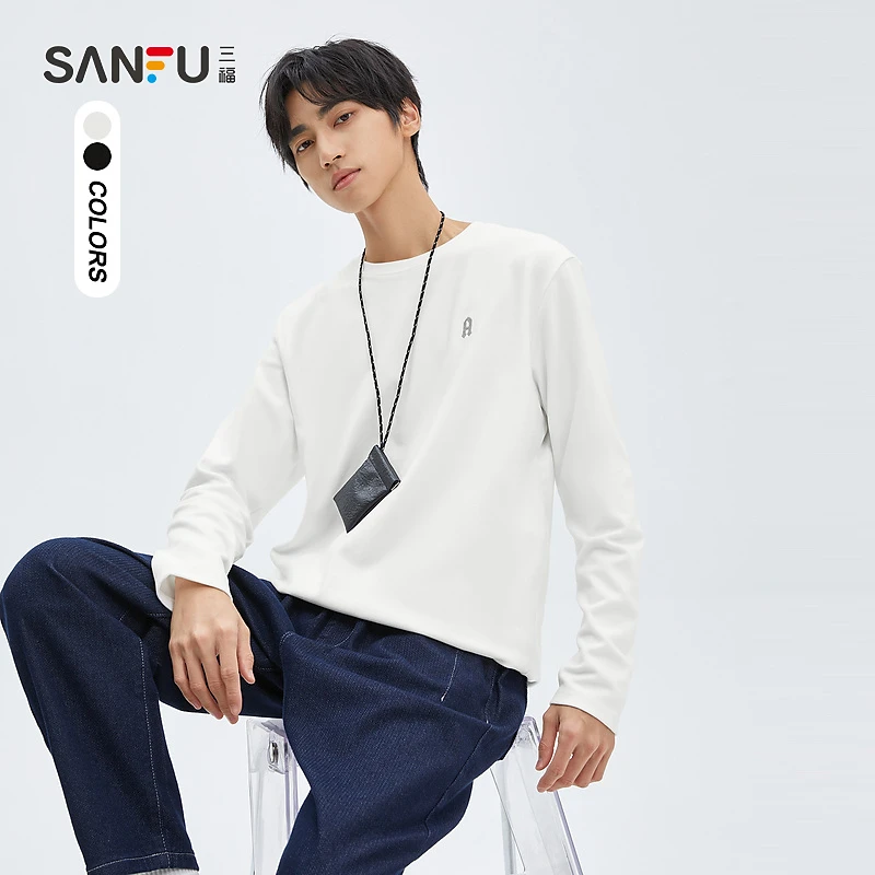 三福2023冬男士重磅长袖T恤 休闲南极绒修身圆领上衣男476142