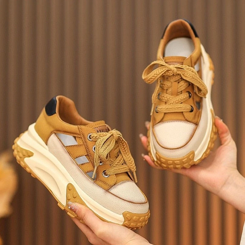 牛皮女鞋小个子增高2023夏季透气复古软底厚底百搭缕空真皮女鞋