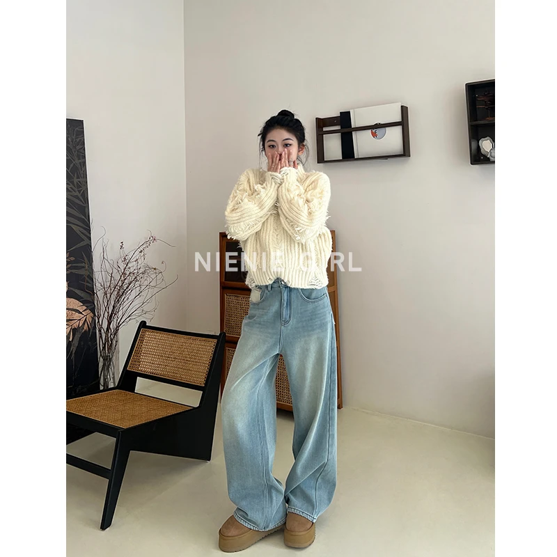 THE009-2DW【妮妮专享】冬加绒浅蓝高腰牛仔裤宽松百搭阔腿牛仔裤女