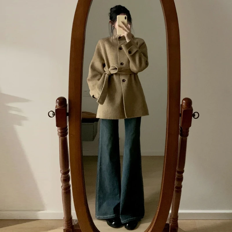 复古立领高级感毛呢外套女秋冬气质收腰短款百搭休闲双面呢子大衣