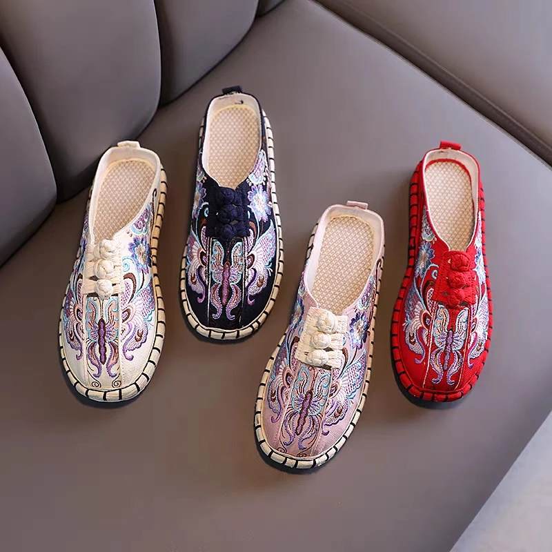 老北京布鞋女绣花千层底刺绣包头居家民族风外穿办公室平底半拖鞋